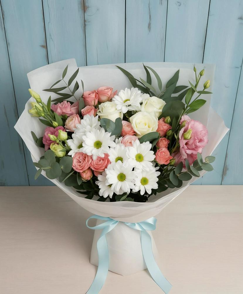 Букет цветов из: Розы, Лизиантусы и Хризантемы в Придорожной