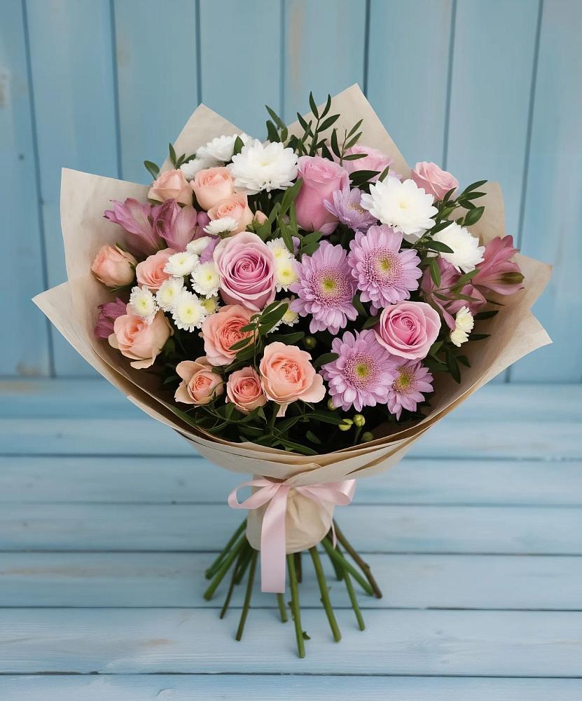 Букет цветов из: Хризантемы, Розы и Альстромерии в Придорожной