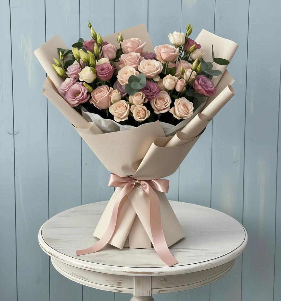 Букет цветов из: Розы и Лизиантусы в Придорожной