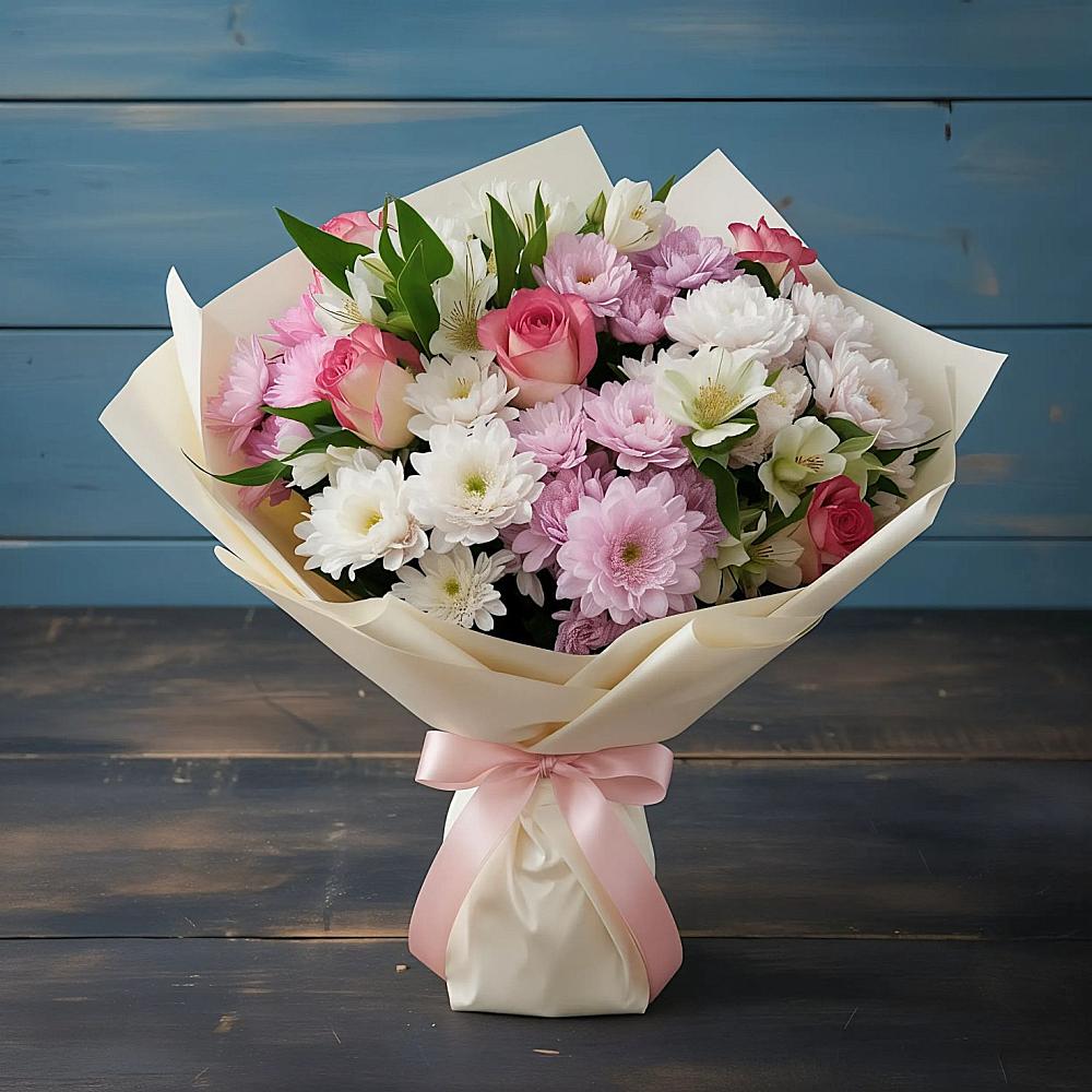 Букет цветов из: Хризантемы, Альстромерии и Розы в Придорожной